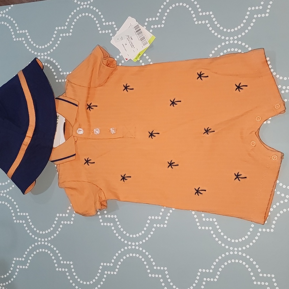 NWT Little me Romper + hat Orange palm trees 3MOS.